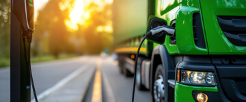 Ein grüner E-lkw lädt an einer Ladesäule
