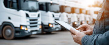 Person using digital tablet managing logistics operations with truck fleet, tracking cargo and planning delivery routes