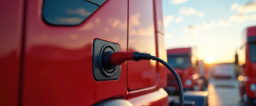 roter E-Lkw wird an der Ladesäule geladen
