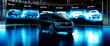 Rasterzeichnung des neuen VW Transporters in einer abgedunkelten Halle 