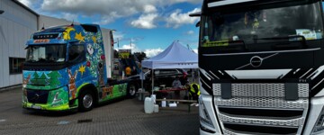 Die farbenfroh gestaltete Sattelzugmaschine aus dem Volvo Trucks Malwettbewerb 2025 sowie ein Volvo FH der CM Logistik Gruppe als Kindertaxi