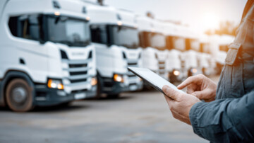 Person using digital tablet managing logistics operations with truck fleet, tracking cargo and planning delivery routes