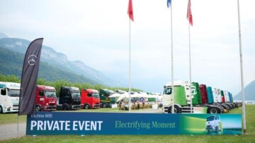 Zwanzig bunte eActros stehen vor schweizer Kulisse im Rasen
