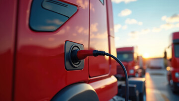 roter E-Lkw wird an der Ladesäule geladen
