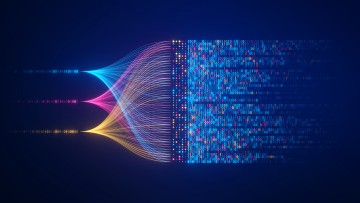 Big-Data-Technologie und Data Science-Illustration. Datenflusskonzept. Abfragen, Analysieren, Visualisieren komplexer Informationen. Neuronales Netz für künstliche Intelligenz. Data-Mining. Business Analytics.