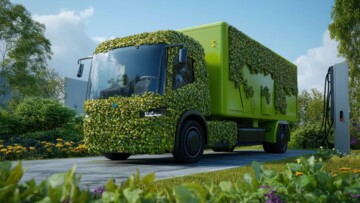 Grüner E-Lkw auf einer städtischen Straße, an der Blumen blühen und Birken im Hintergrund stehen. Der Lkw ist zum Teil mit Efeu bewachsen, daneben steht eine Ladesäule. Symbolbild für Verkehrswende und Umstellung auf einen grünen Fuhrpark