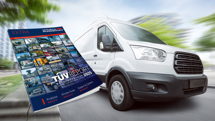 Titelseite Printheft TÜV-Report Nutzfahrzeuge 2025 vor dem Hintergrund eines Transporters