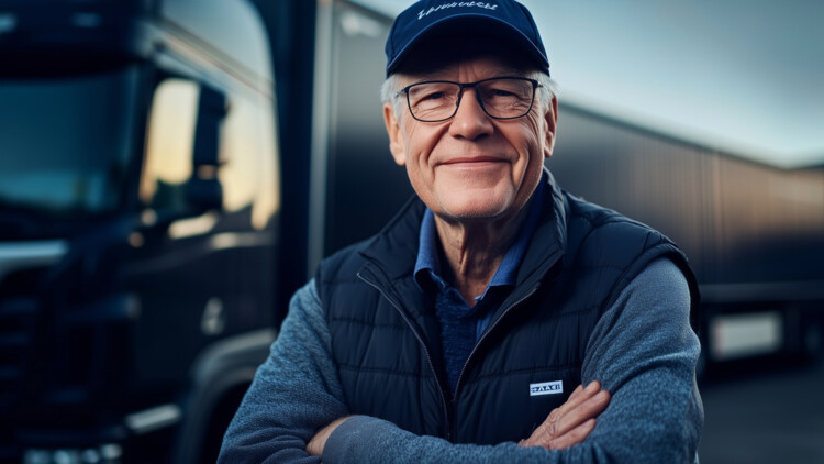 Alter Mann mit Brille und Kappe lächelt mit verschränkten Armen vor Lkw in die Kamera