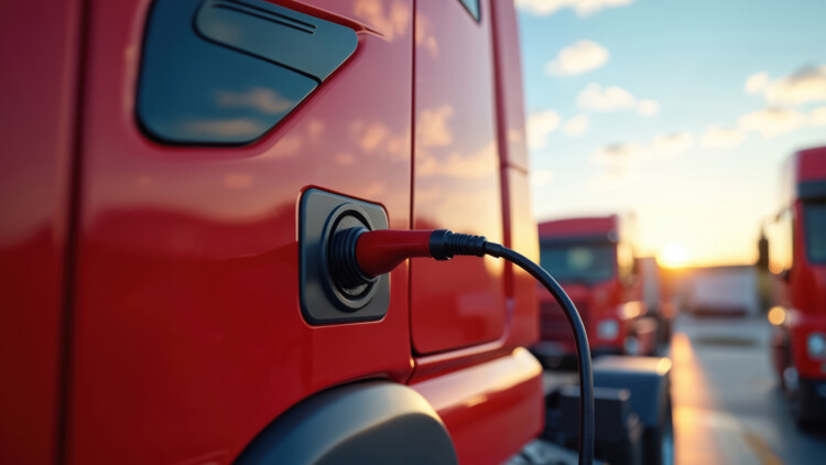 roter E-Lkw wird an der Ladesäule geladen