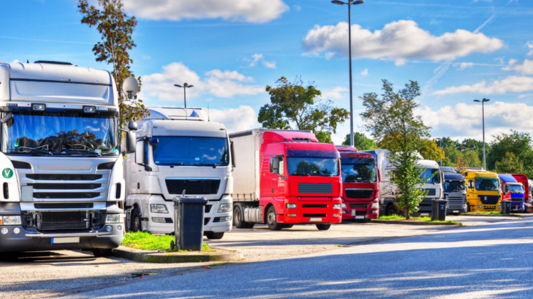 Lkw-Parkplatz-Not; bunte Lkw stehen auf einem Lkw-Rastplatz
