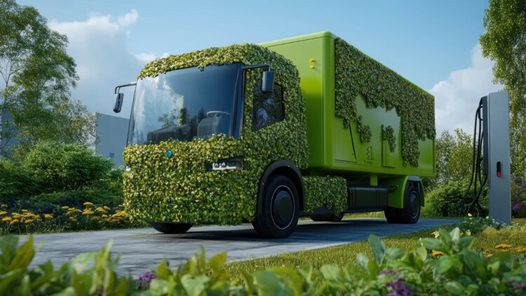 Grüner E-Lkw auf einer städtischen Straße, an der Blumen blühen und Birken im Hintergrund stehen. Der Lkw ist zum Teil mit Efeu bewachsen, daneben steht eine Ladesäule. Symbolbild für Verkehrswende und Umstellung auf einen grünen Fuhrpark